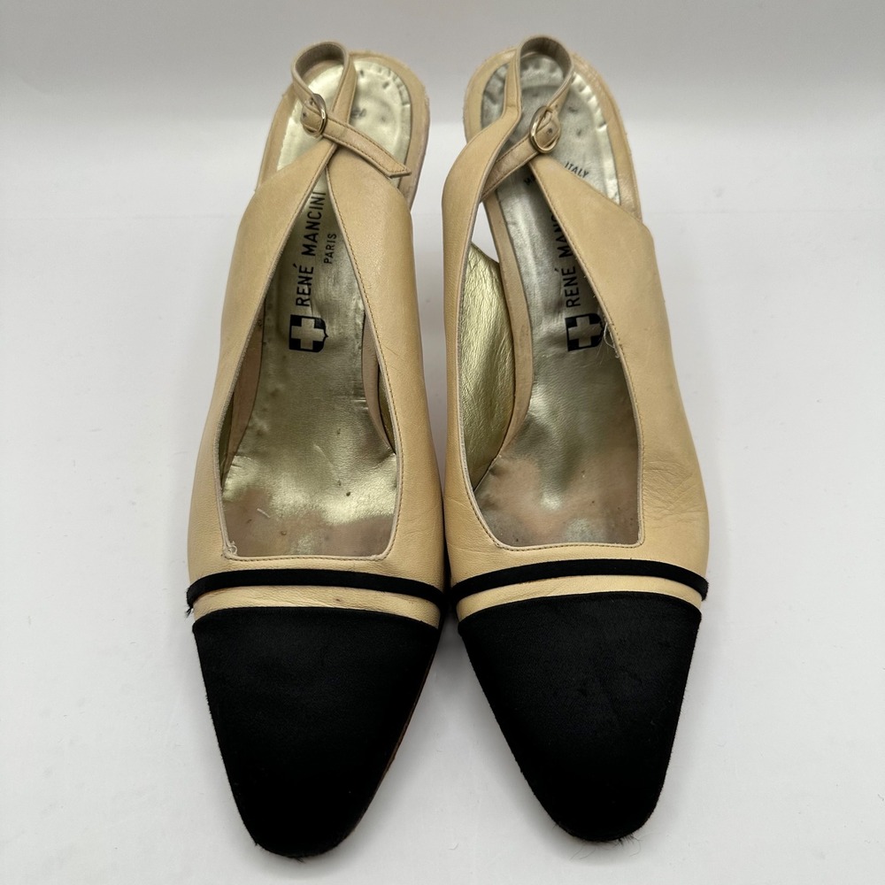 Rene Mancini Paris Slingback Heels Beige Black Suede Cap Toe Women Made in Italy